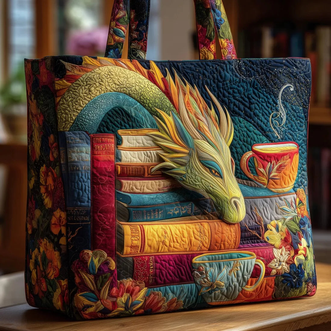 Handcrafted Dragon Shoulder Bag with Books and Cups