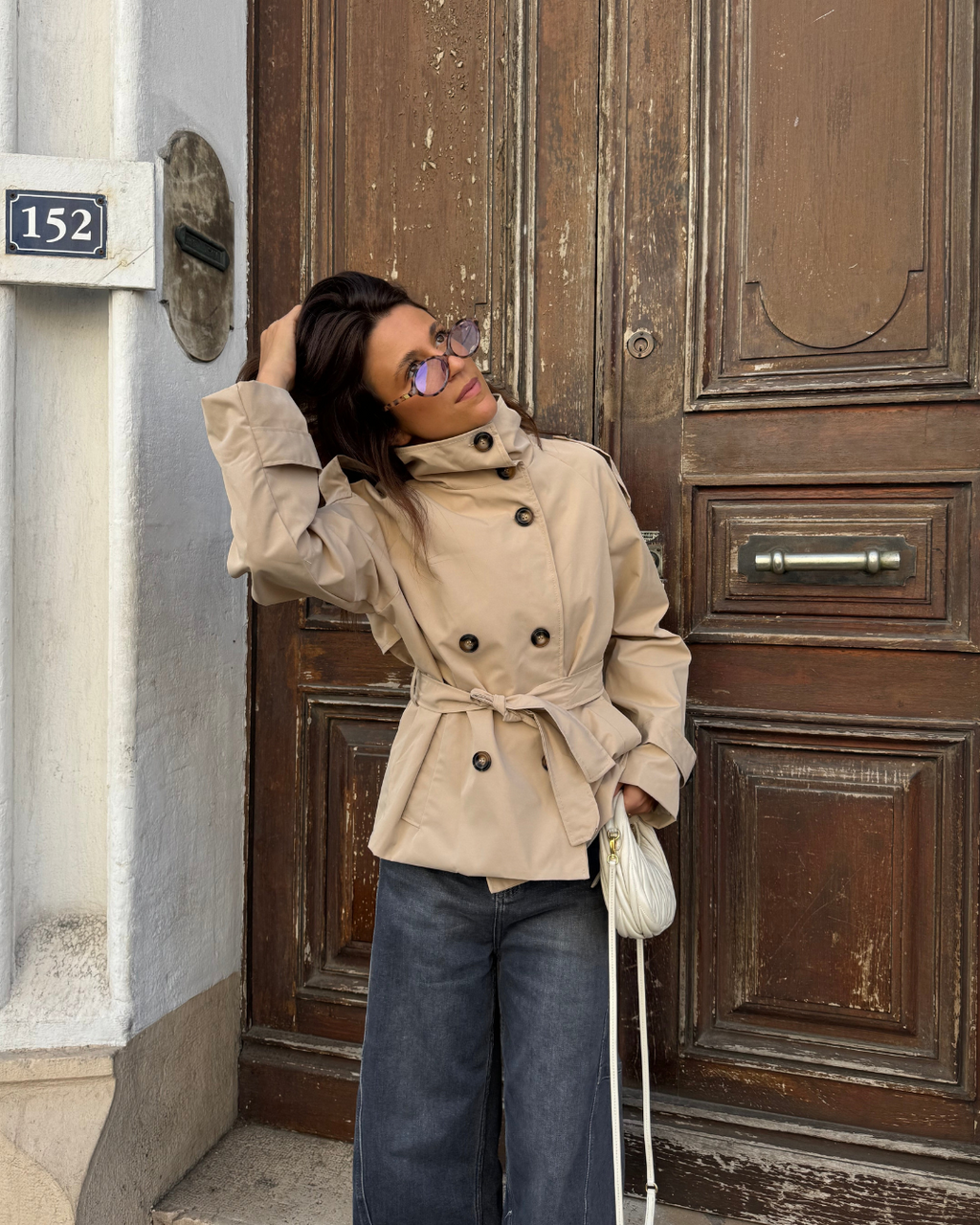Women's Funnel Neck Double Breasted Belted Cropped Trench Coat