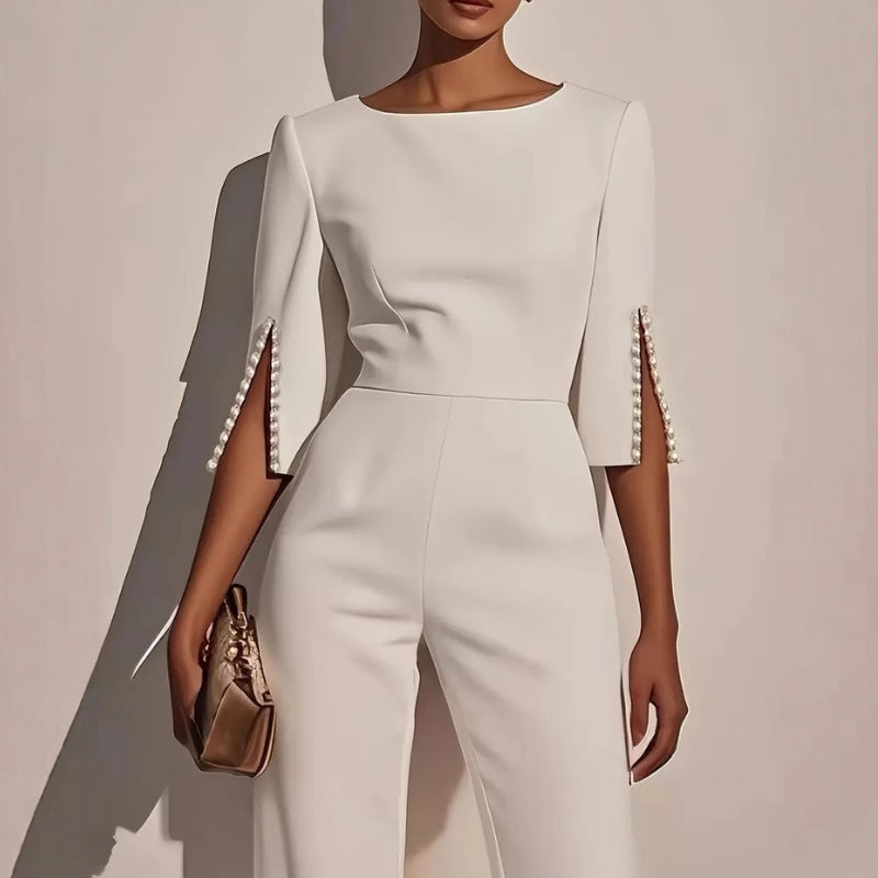Boat Neck Split Sleeve Pearl Embellished Tailored Wide Leg Jumpsuit