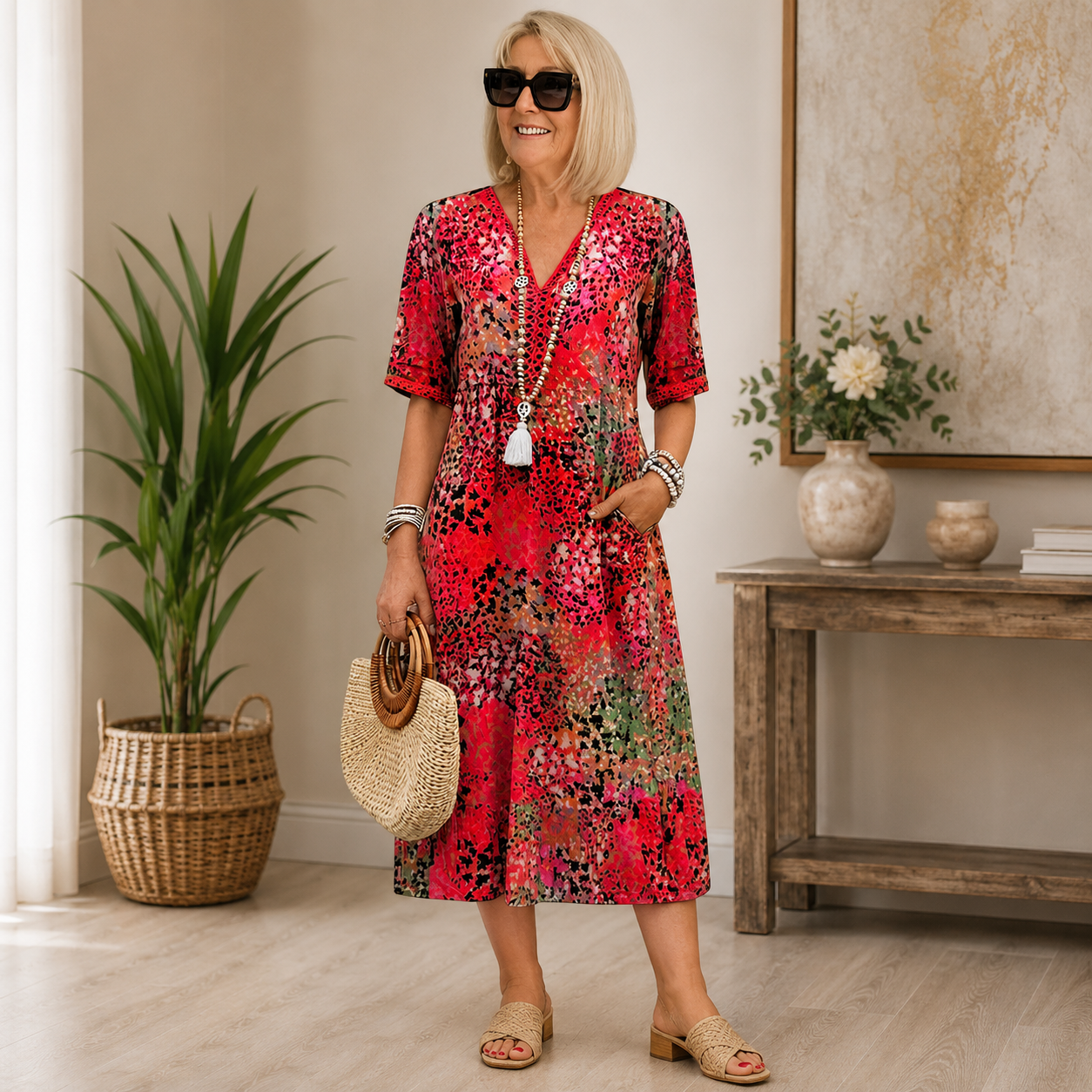 Abito midi floreale da donna – Abito estivo fluente con scollo a V