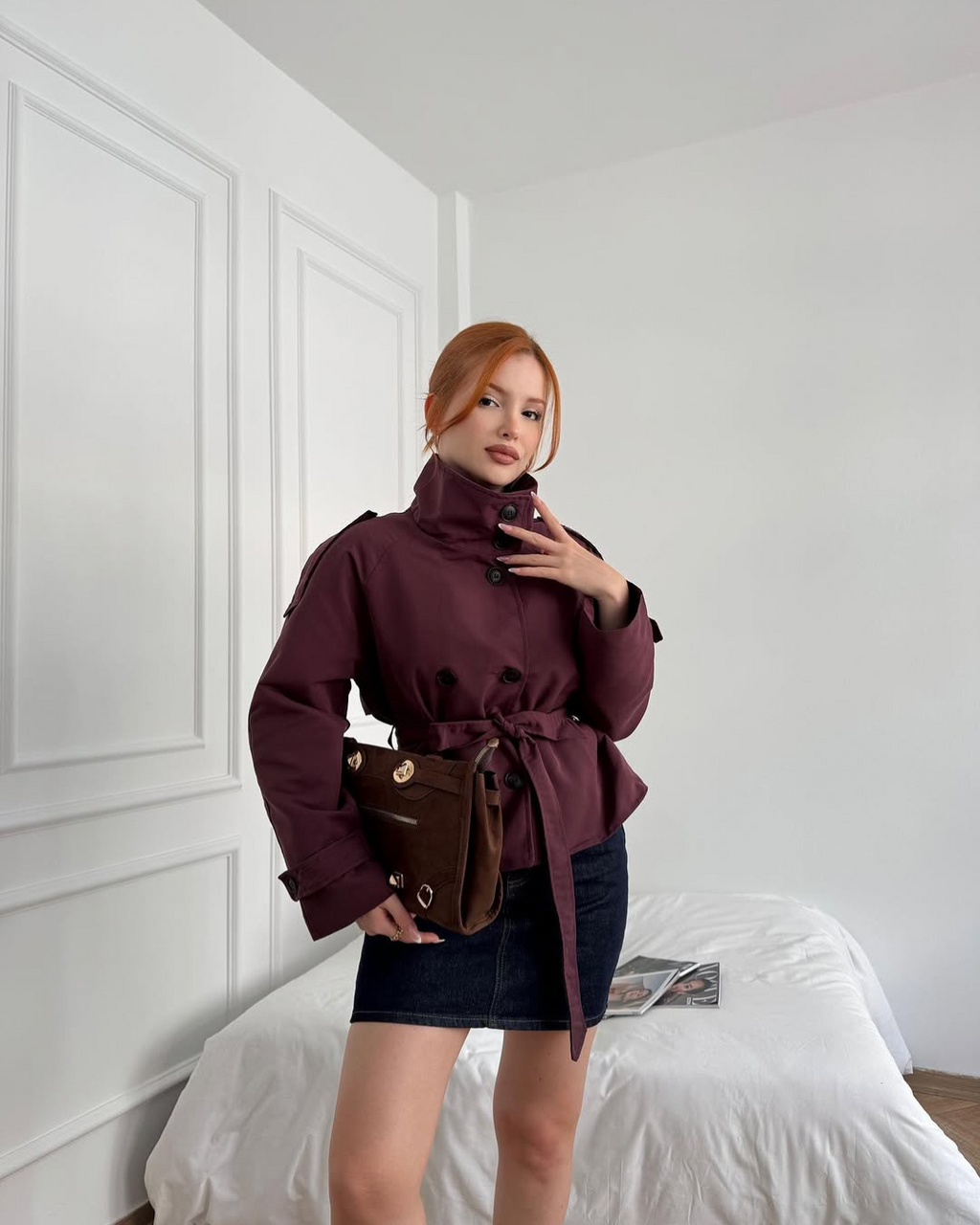 Women's Funnel Neck Double Breasted Belted Cropped Trench Coat