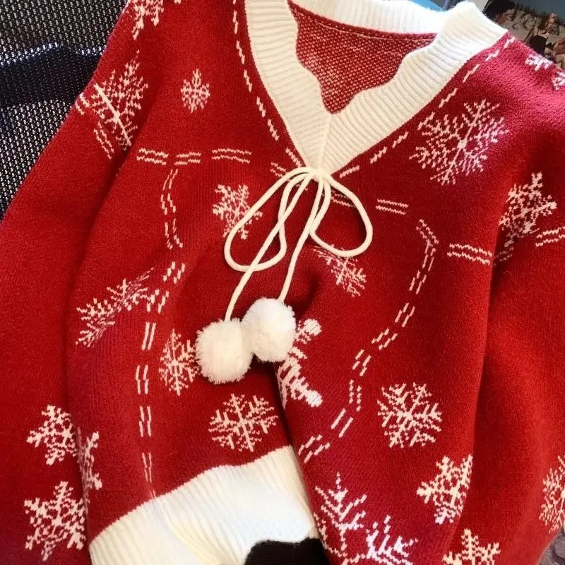 Women's Christmas Snowflake Sweater – Vintage White Knit Pullover with Red Snowflake Print