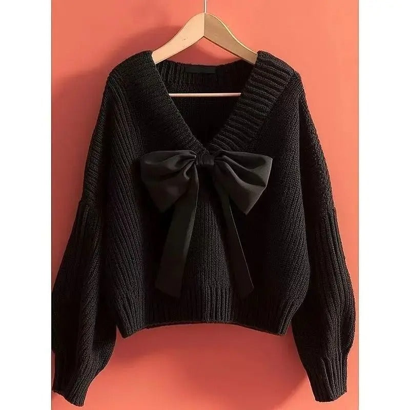 Women's V-Neck Knit Sweater with Large Bow – Elegant Batwing Sleeve Pullover