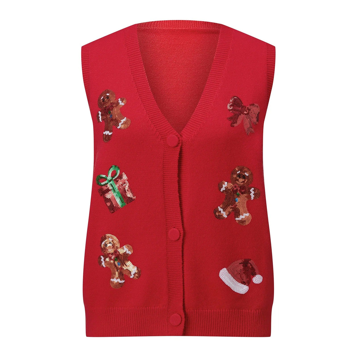 Women's Christmas Sweater Vest – Festive Sequin Gingerbread Men and Candy Cane Button-Up Cardigan