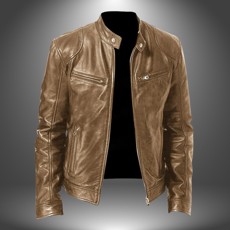 Men’s Leather Biker Jacket – Zip-Up with Stand Collar and Pockets