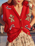 Women's Christmas Sweater Vest – Festive Sequin Gingerbread Men and Candy Cane Button-Up Cardigan