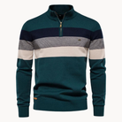 Color-blocked sweater with a quarter zip on a white background
