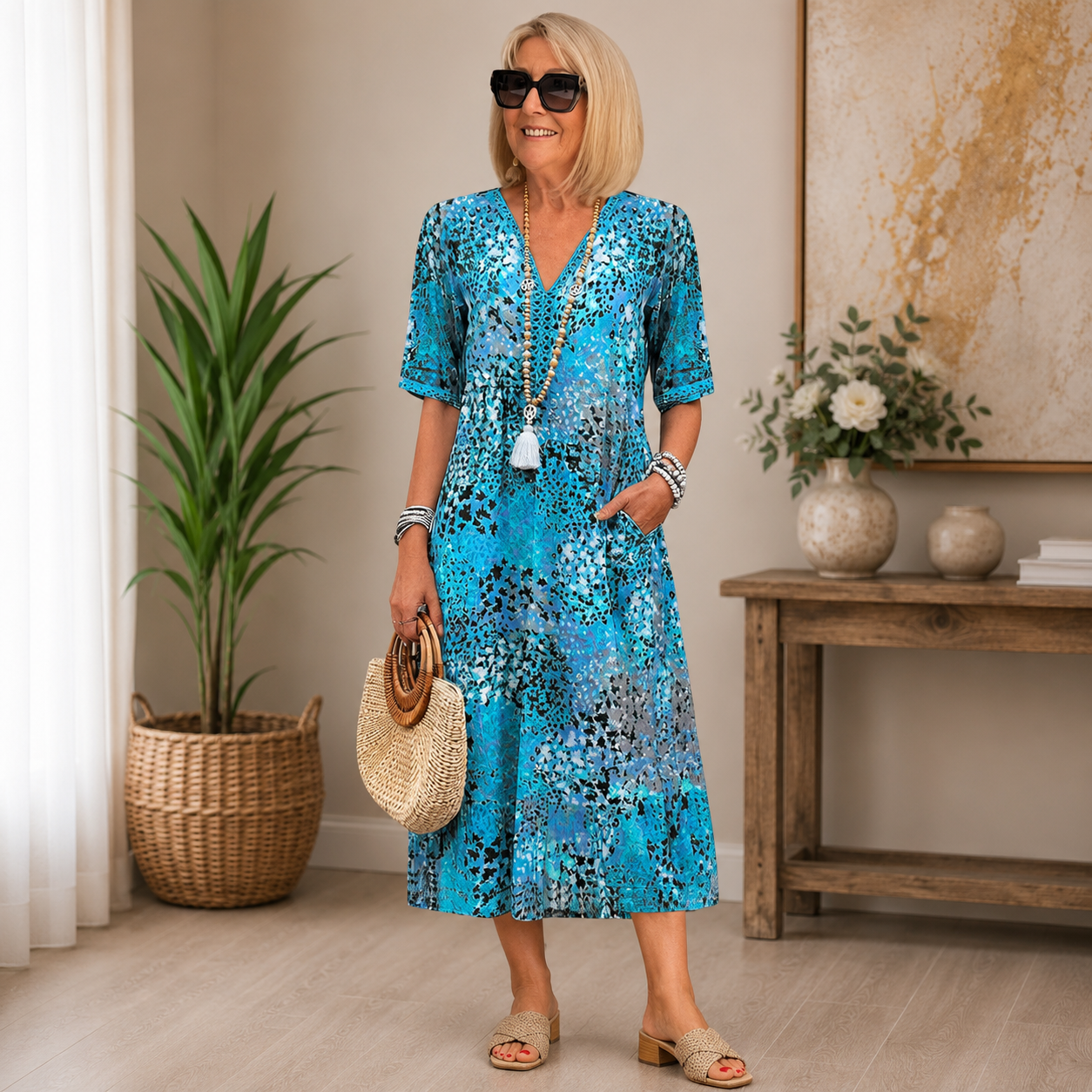Abito midi floreale da donna – Abito estivo fluente con scollo a V
