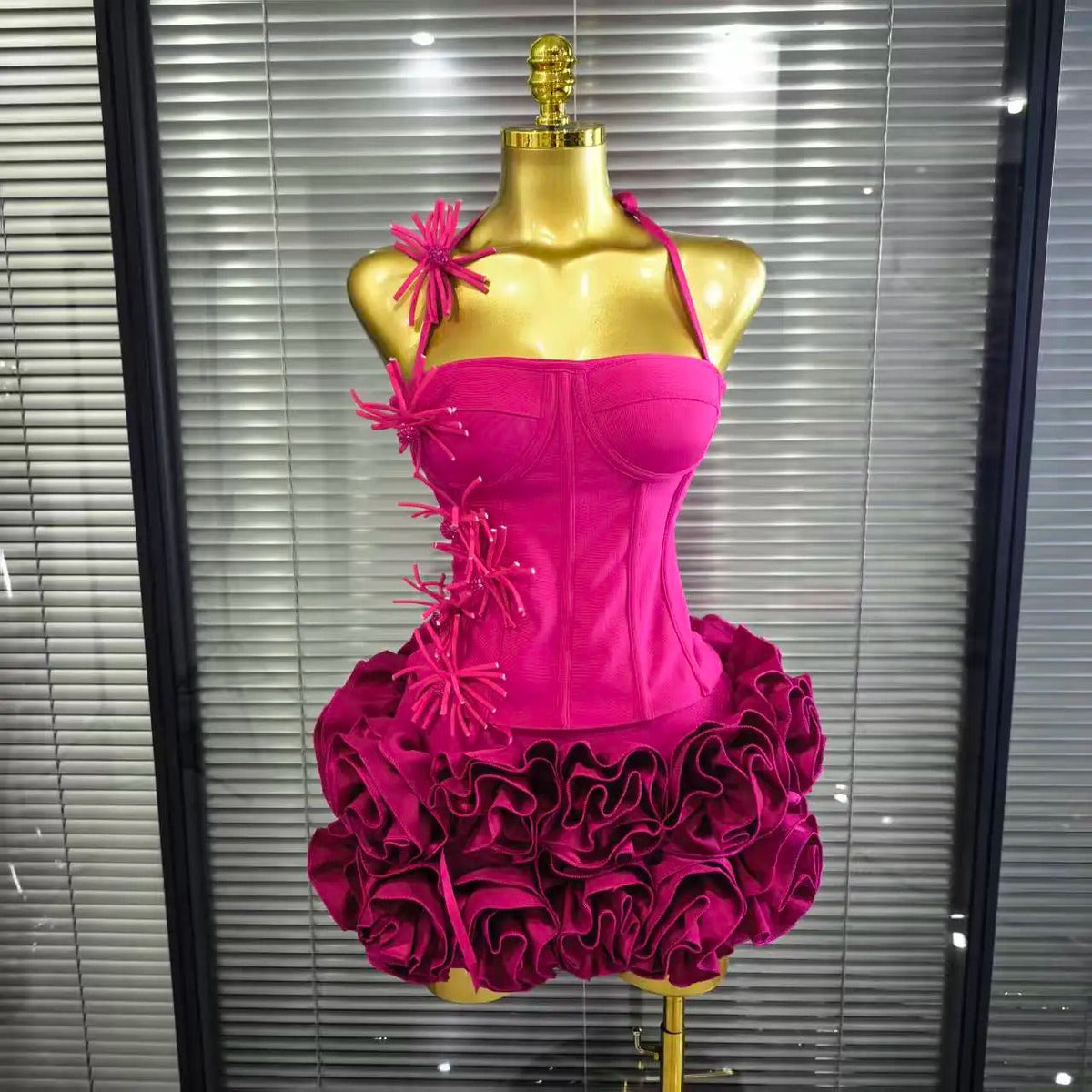 Women's Strapless Red Mini Dress – Floral Ruffle Bodycon Party Dress