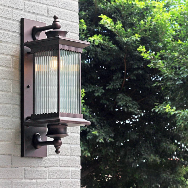 Classic Outdoor Wall Light - Ribbed Glass Lantern In Black Metal