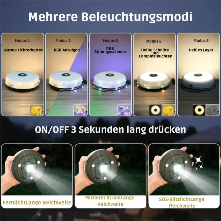 Kempingová lampa s 10m RGB řetězem světel – atmosféra a bezpečnost na každém výletě