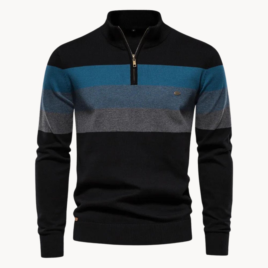 Color-blocked sweater with black, blue, and gray stripes on a white background