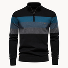 Color-blocked sweater with black, blue, and gray stripes on a white background