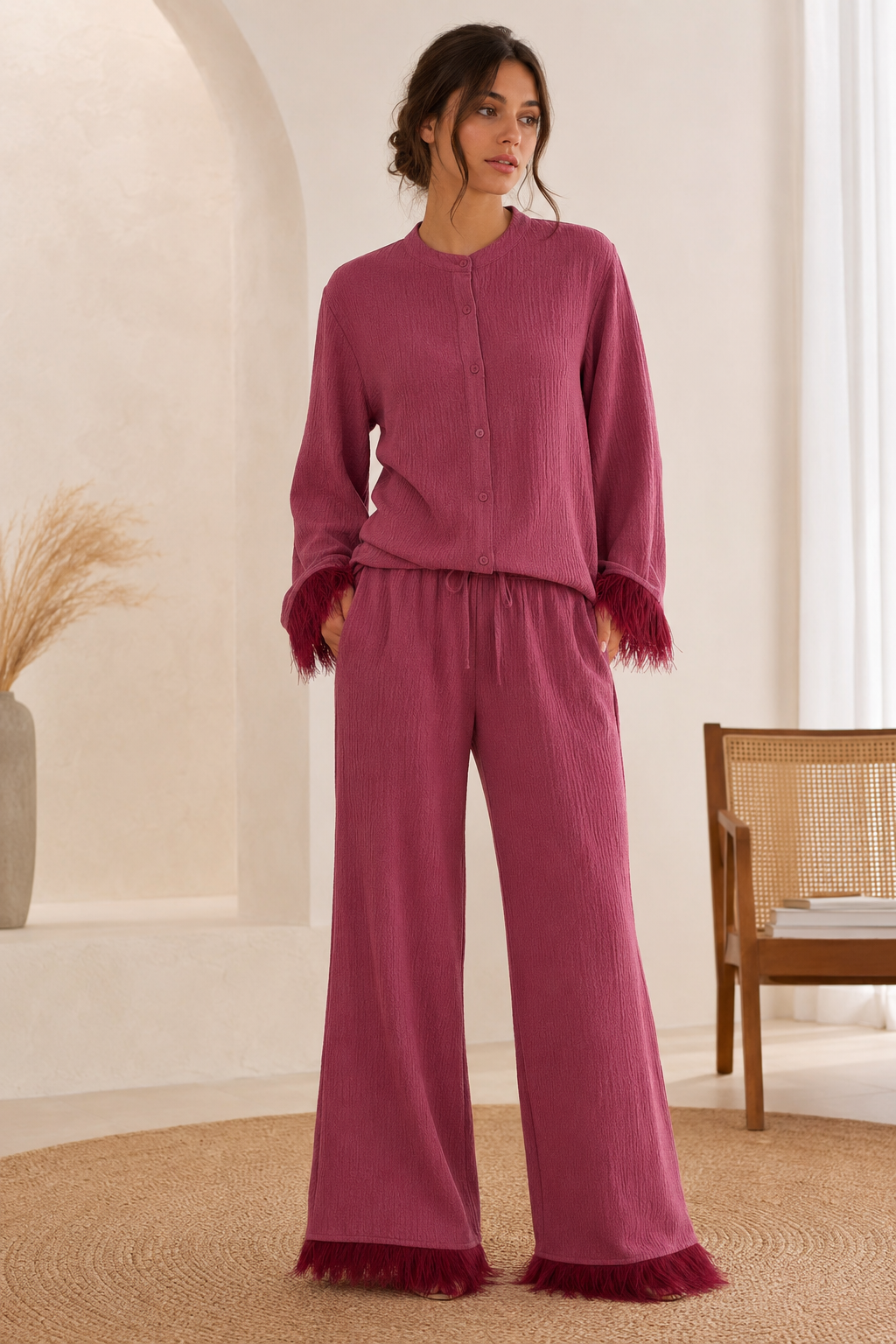 Women's Sequin Co-ord Set with Feather Trim Top and Wide Leg Trousers | Two Piece Evening Party Outfit for Festive Events