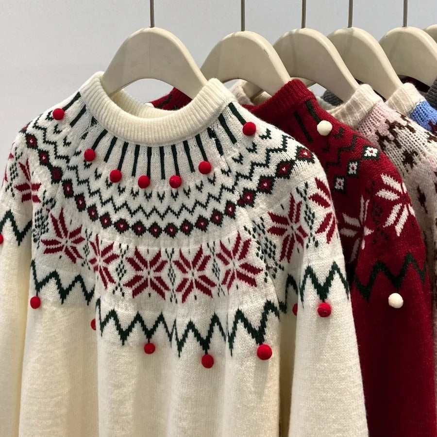 Women's Christmas Jacquard Knit Sweater – Cream White and Red Geometric Pattern Pullover