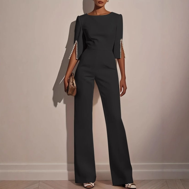 Boat Neck Split Sleeve Pearl Embellished Tailored Wide Leg Jumpsuit