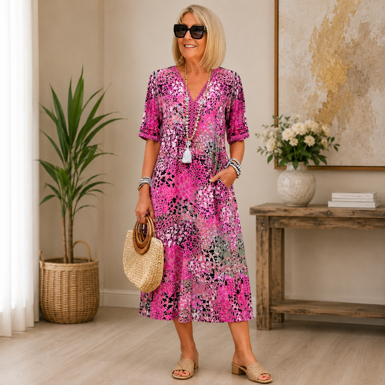 Abito midi floreale da donna – Abito estivo fluente con scollo a V