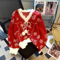 Women's Christmas Snowflake Sweater – Vintage White Knit Pullover with Red Snowflake Print