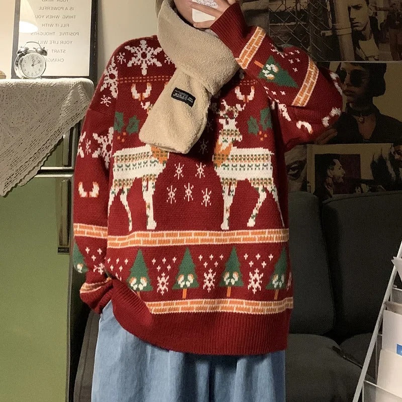 Unisex Christmas Moose Print Sweater – Long Sleeve Festive Knit Pullover