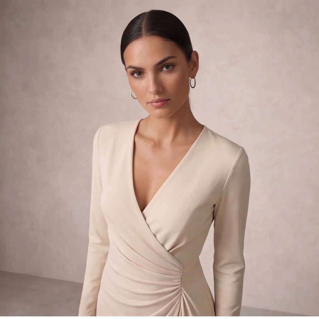 Vestito midi elegante da donna con maniche lunghe e incrocio