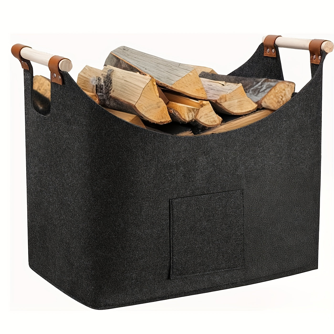 Felt Firewood Basket - Foldable, 55L Volume, Wooden Handles & Leather Details - Dark Gray