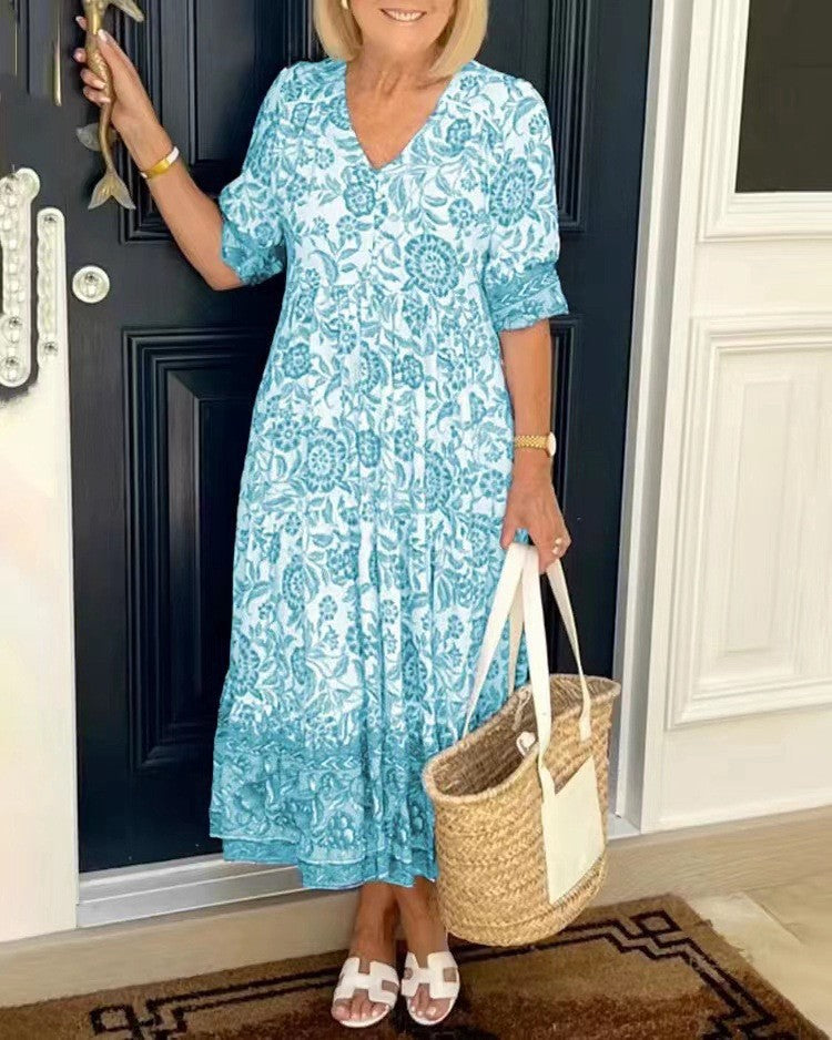 Abito floreale elegante con scollo a V
