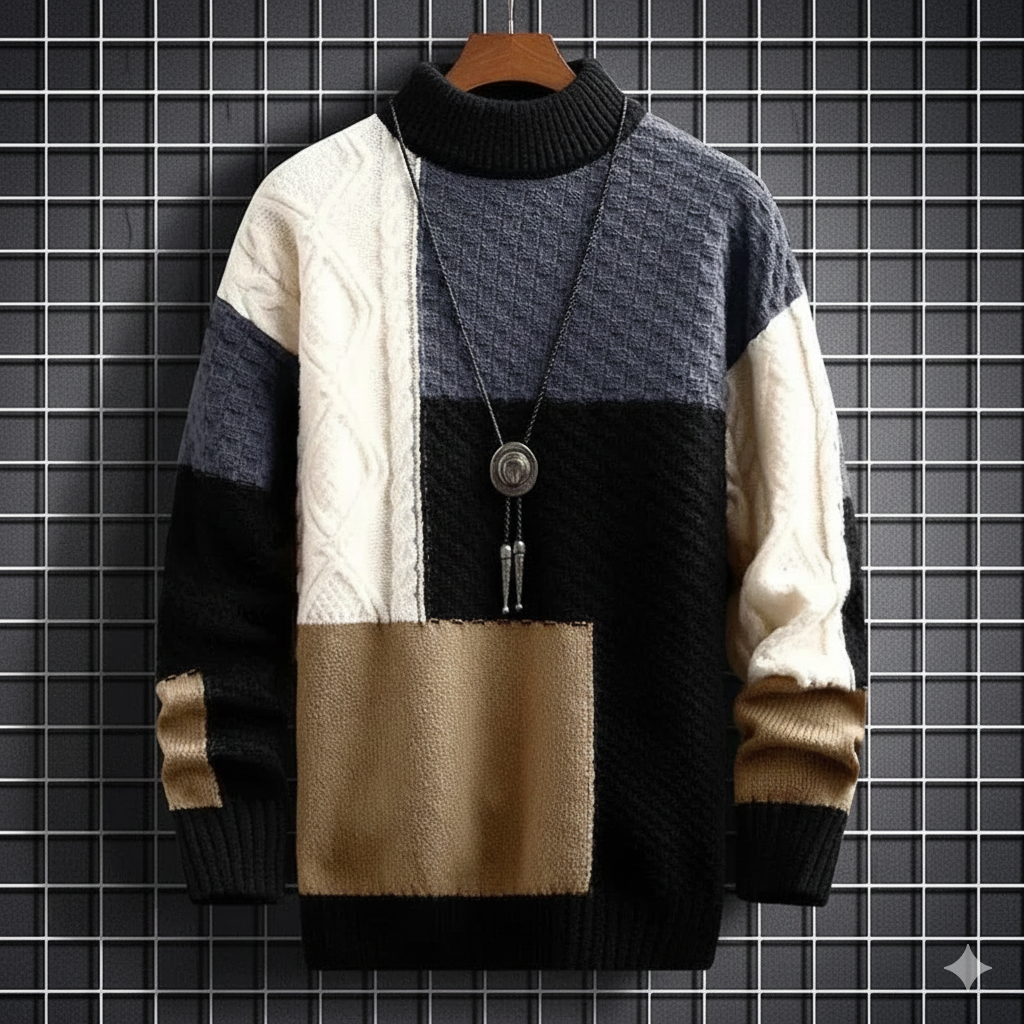 Maglione da uomo a girocollo patchwork lavorato a maglia