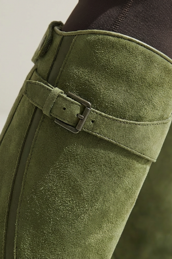 Buckle Suede Lug Sole Knee High Boots