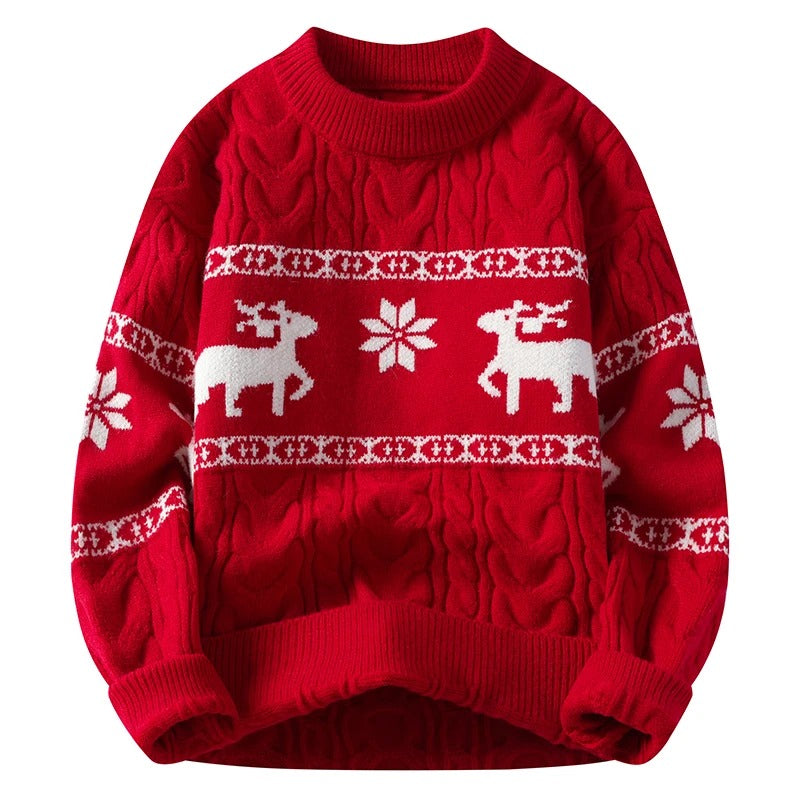 Men's Christmas Sweater – Cable Knit Reindeer and Snowflake Winter Pullover