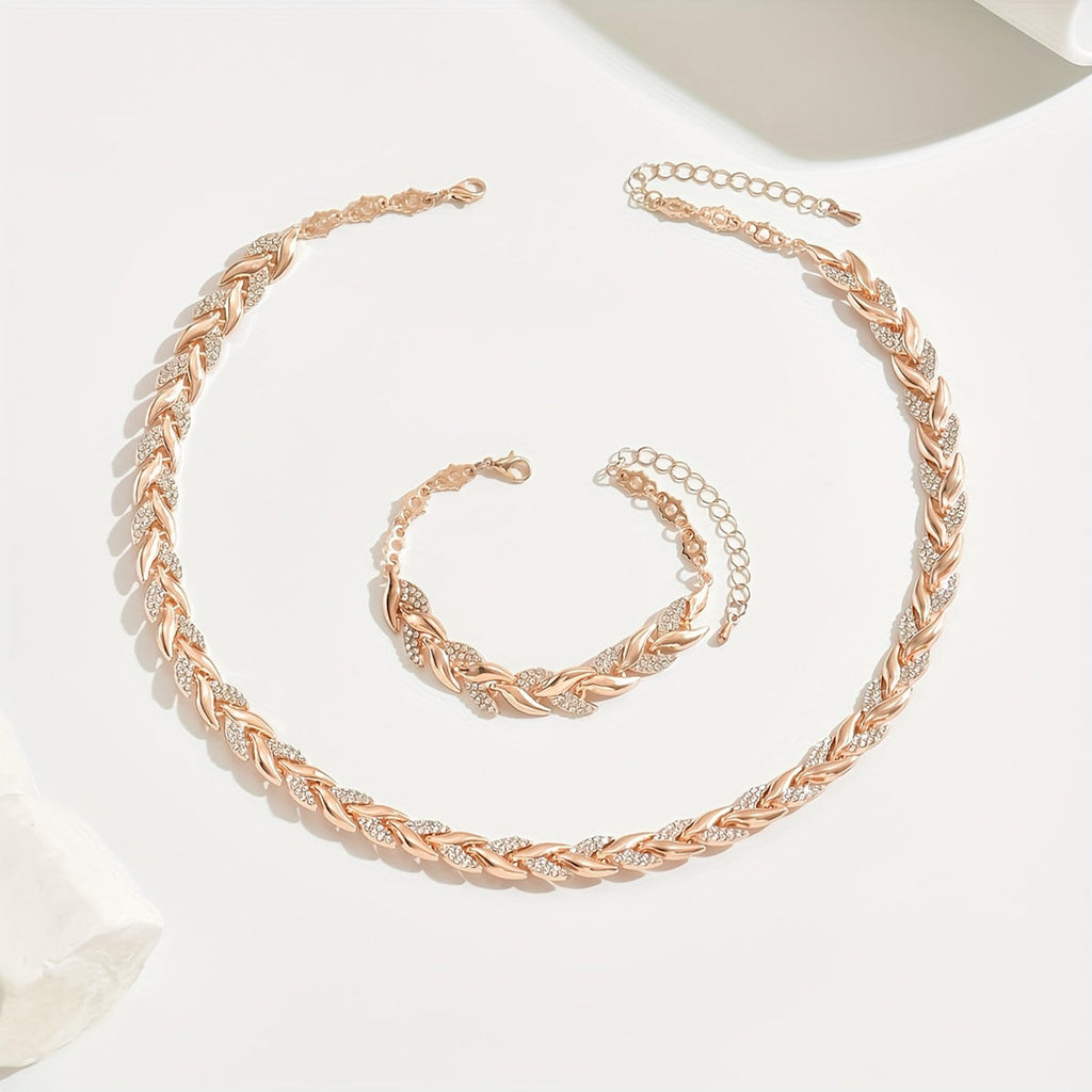 Collana e bracciale intrecciati a catena a foglia