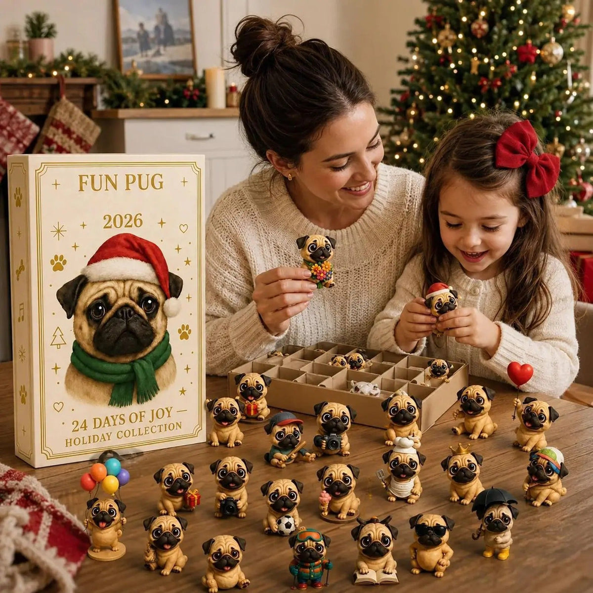 Pug Christmas Countdown Calendar 2026 24 Days Mini Dog Figurine Advent Festive Decoration Party Supplies Stockings Office Table Living Room