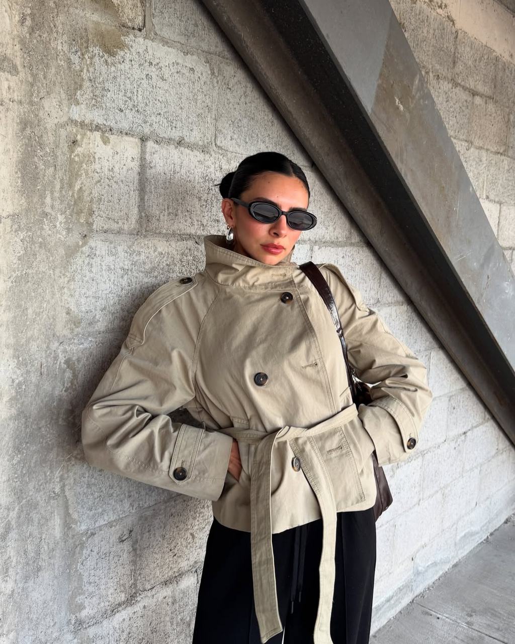 Women's Funnel Neck Double Breasted Belted Cropped Trench Coat