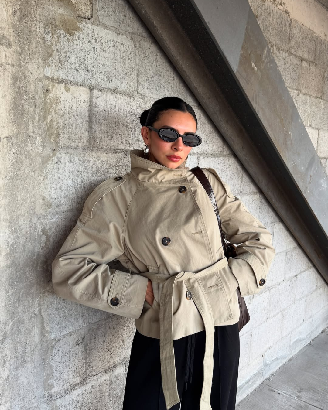 Women's Funnel Neck Double Breasted Belted Cropped Trench Coat