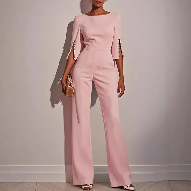 Boat Neck Split Sleeve Pearl Embellished Tailored Wide Leg Jumpsuit