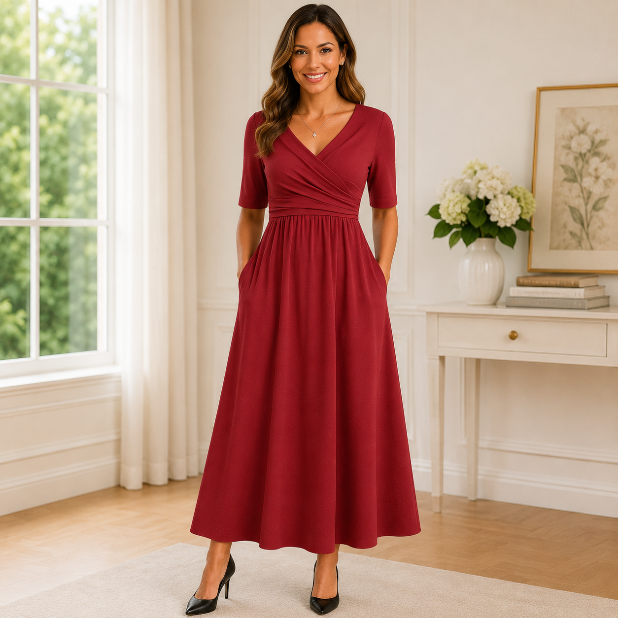 Vestito Midi da Donna – Maniche, Tasche Laterali, Abito Casual da Giorno