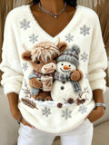 Women's Festive Christmas Sweater with Reindeer and Snowman Motif | Warm Holiday Knit Jumper for Winter Festive Celebrations