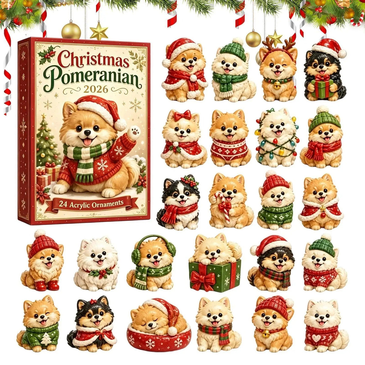 Dog Advent Calendar 2026, 24-day Christmas countdown with 24 pieces of cute 2D acrylic dog tree ornaments