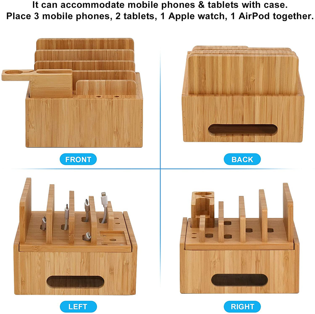 Stazione di ricarica in bambù | USB a 5 porte e organizer | Per smartphone, tablet e smartwatch | Set di cavi incluso