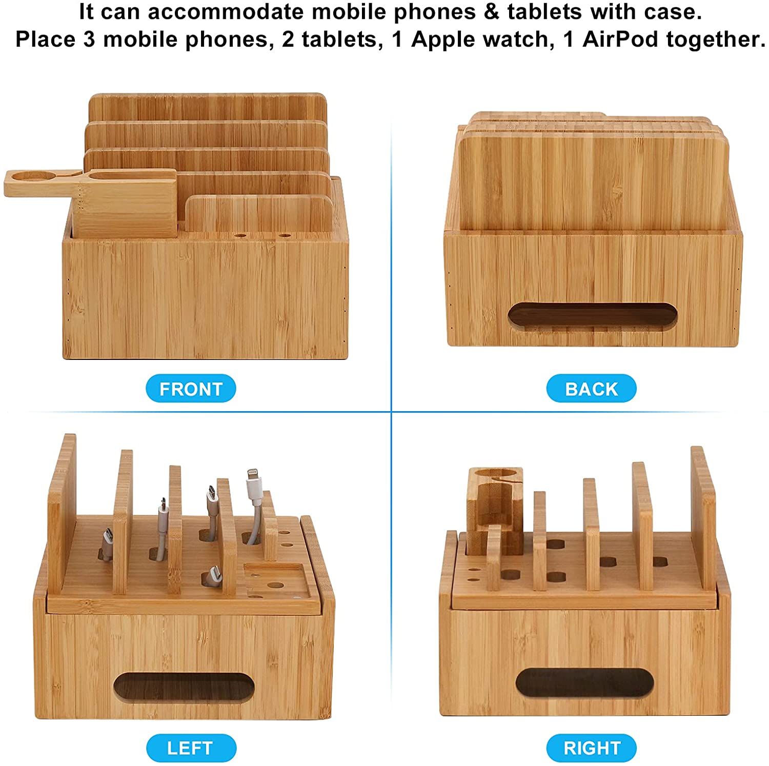 Stazione di ricarica in bambù | USB a 5 porte e organizer | Per smartphone, tablet e smartwatch | Set di cavi incluso