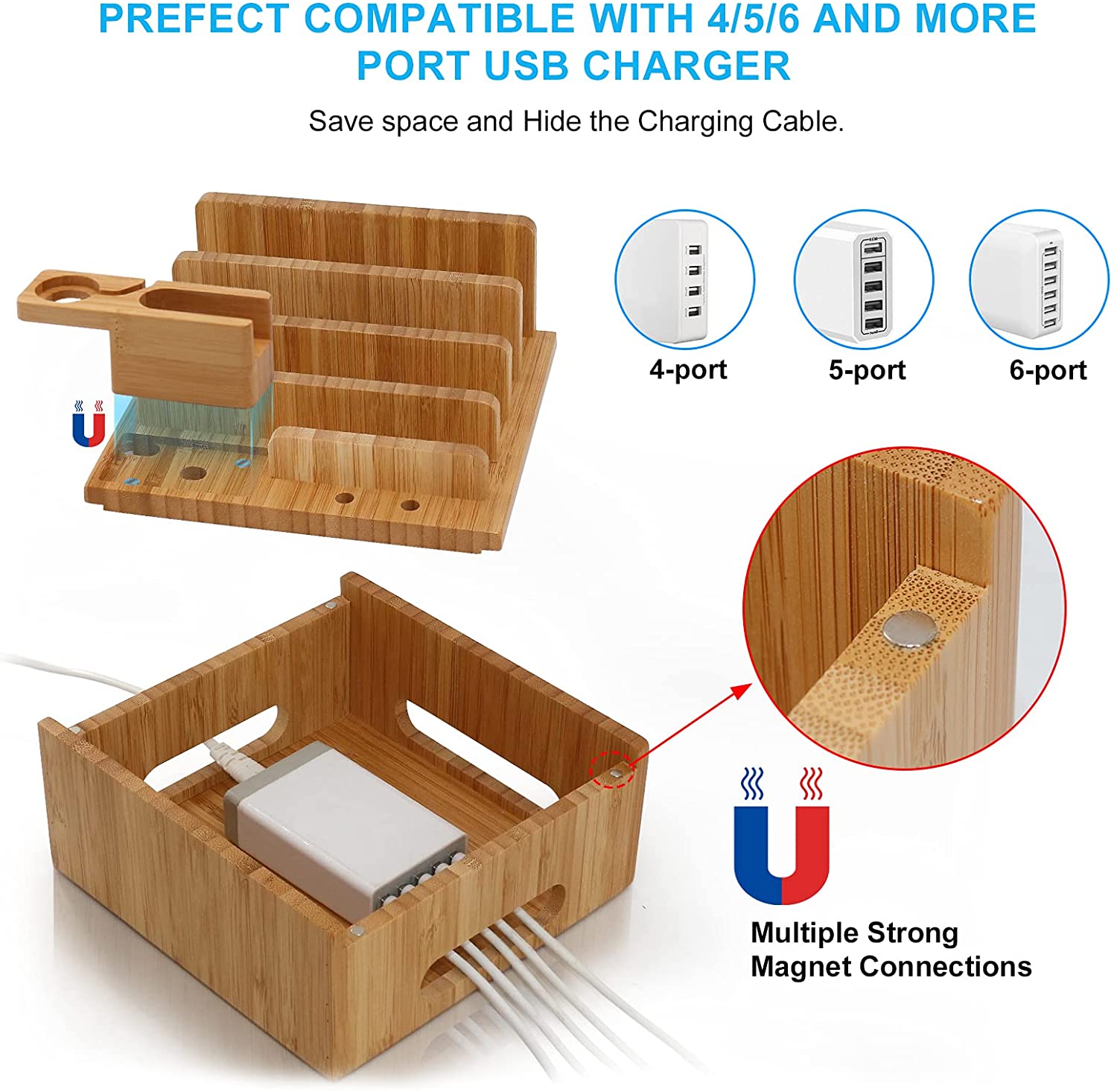 Stazione di ricarica in bambù | USB a 5 porte e organizer | Per smartphone, tablet e smartwatch | Set di cavi incluso