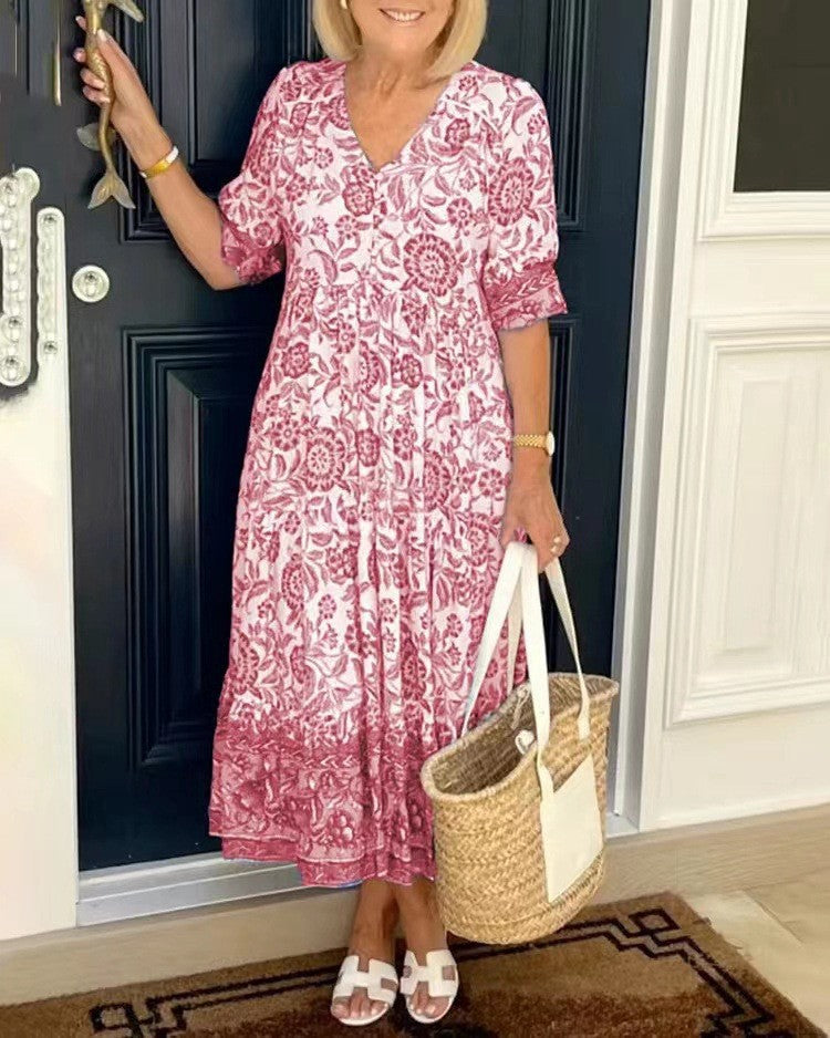 Abito floreale elegante con scollo a V