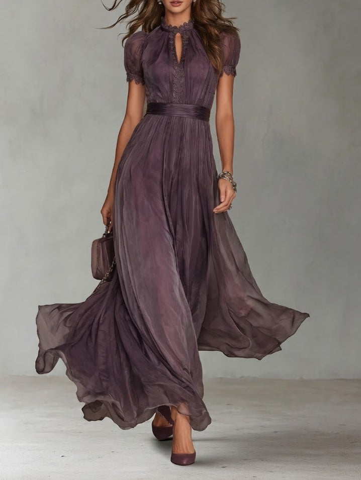 Long Purple Drop-Neck Dress with Chiffon Lace Trim