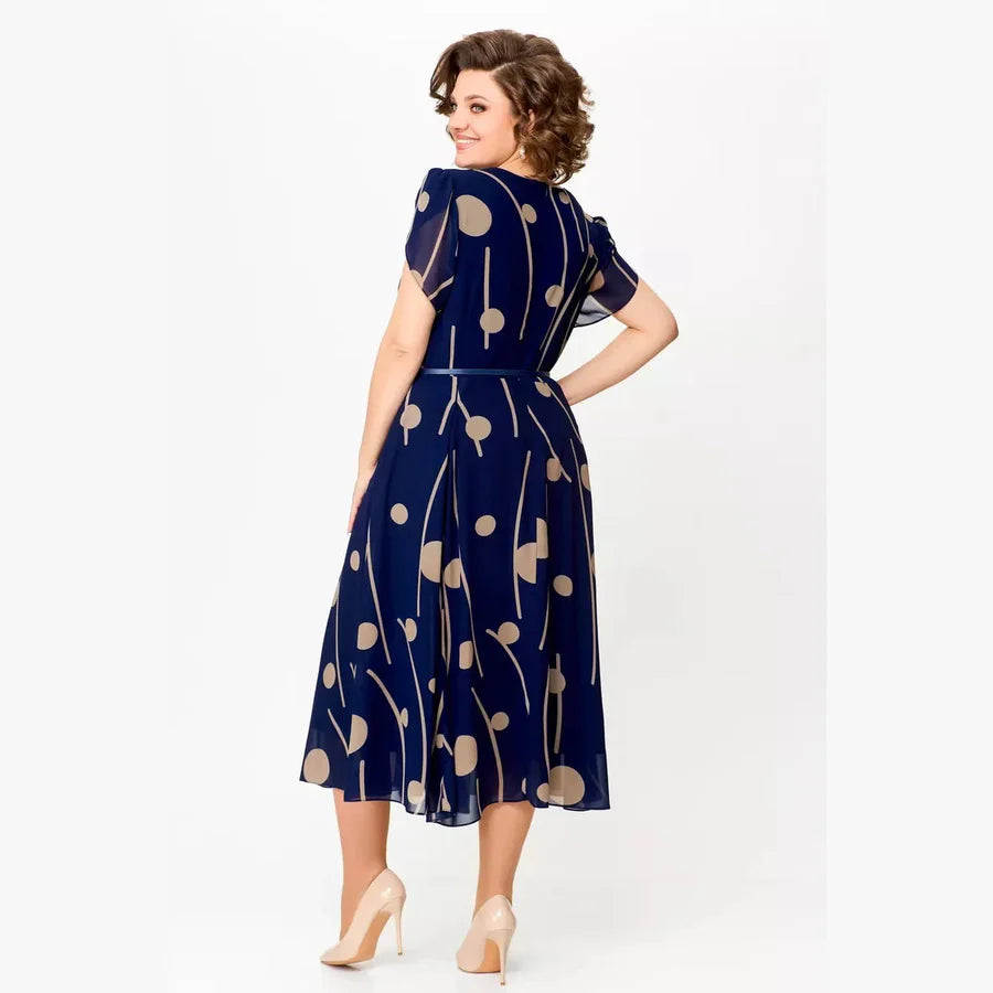 Navy Polka Dot Print Chiffon Midi Dress