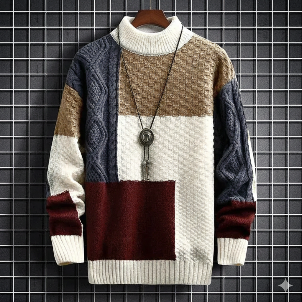 Maglione da uomo a girocollo patchwork lavorato a maglia