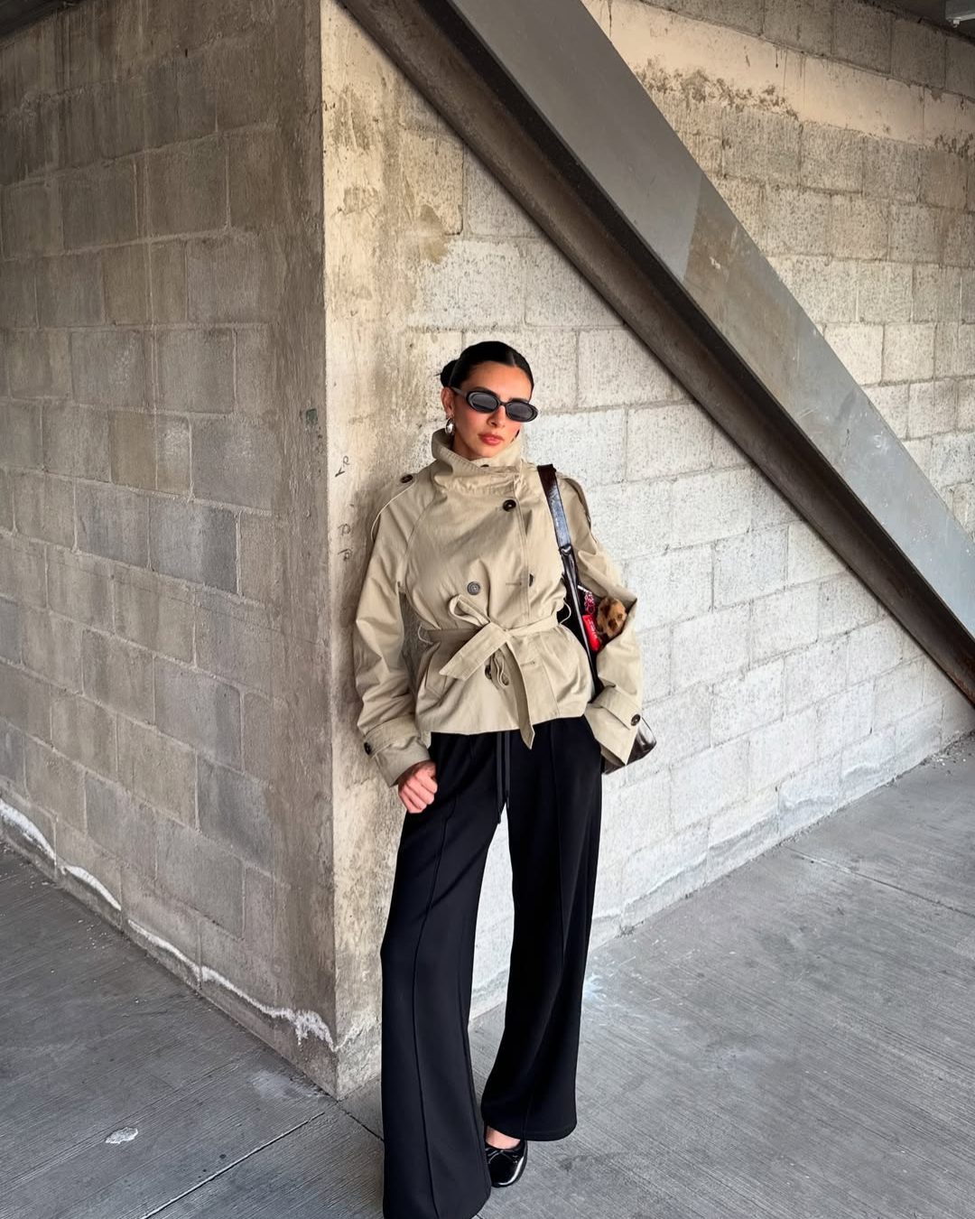 Women's Funnel Neck Double Breasted Belted Cropped Trench Coat