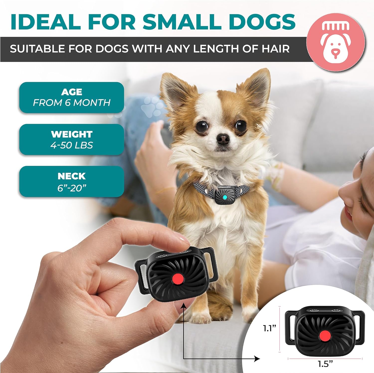 Collare Antiabbaio per Cani di Piccola Taglia | Con Suono e Vibrazione | Impermeabile IP87 | Regolabile e Addestramento Delicato