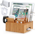 Stazione di ricarica in bambù | USB a 5 porte e organizer | Per smartphone, tablet e smartwatch | Set di cavi incluso