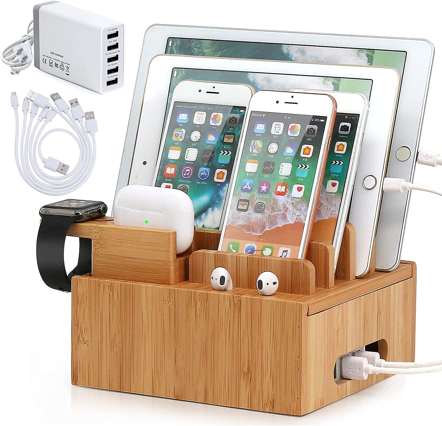 Stazione di ricarica in bambù | USB a 5 porte e organizer | Per smartphone, tablet e smartwatch | Set di cavi incluso