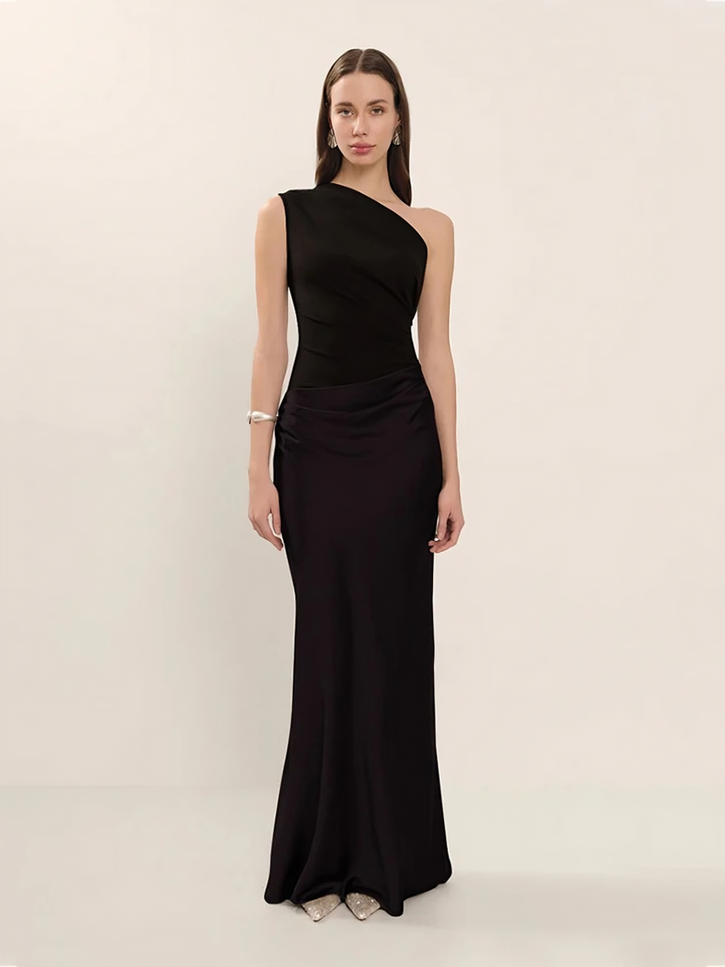 Women’s Silk Blend Maxi Dress | One-Shoulder Pleated Evening Gown