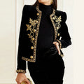 Women's Black Velvet Jacket – Gold Floral Embroidered Long Sleeve Button-Up Coat